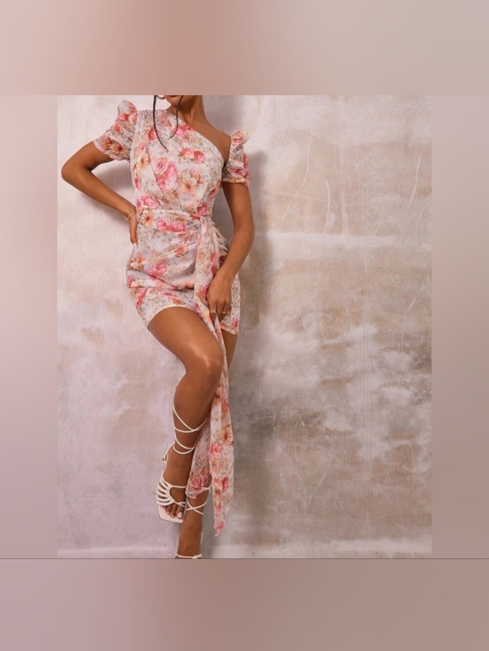 PrettyLittleThing Pink & Cream Floral One-Shoulder Wrap Mini Dress